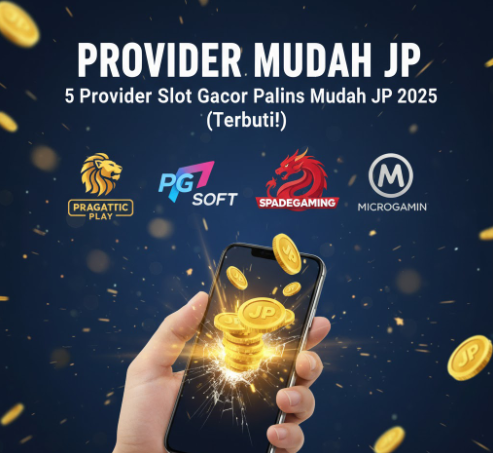 Provider Mudah JP Pragmatic Play, PG Soft, Spadegaming, dan Microgaming. Ilustrasi 5 provider slot gacor dengan logo dan koin Jackpot besar.