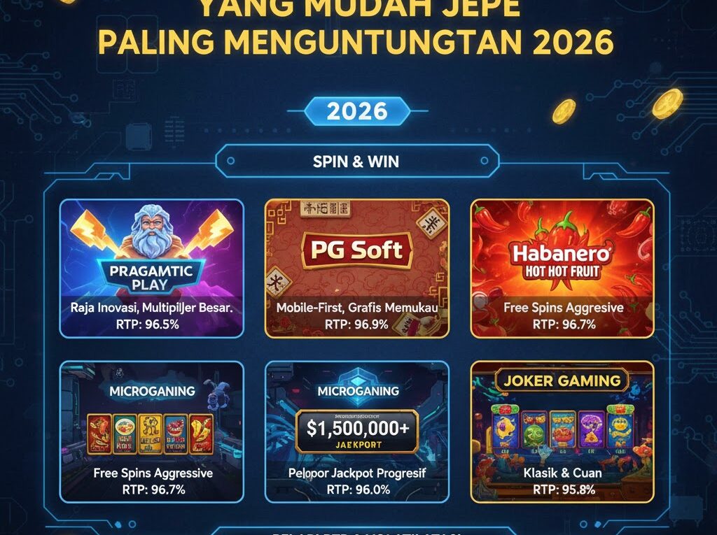Infografis daftar 5 Provider Yang Mudah Jepe tahun 2026 yang menampilkan logo Pragmatic Play, PG Soft, dan provider iGaming ternama lainnya.