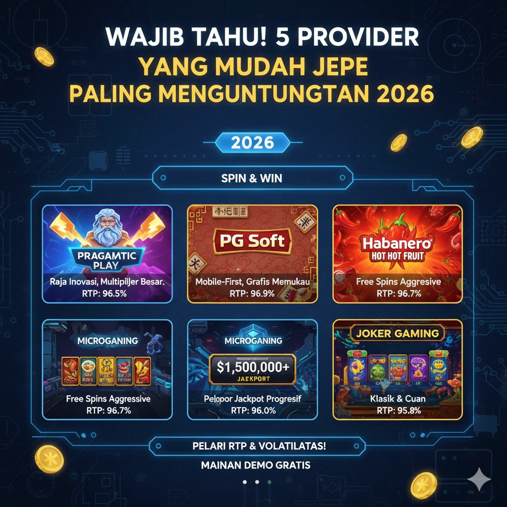 Infografis daftar 5 Provider Yang Mudah Jepe tahun 2026 yang menampilkan logo Pragmatic Play, PG Soft, dan provider iGaming ternama lainnya.